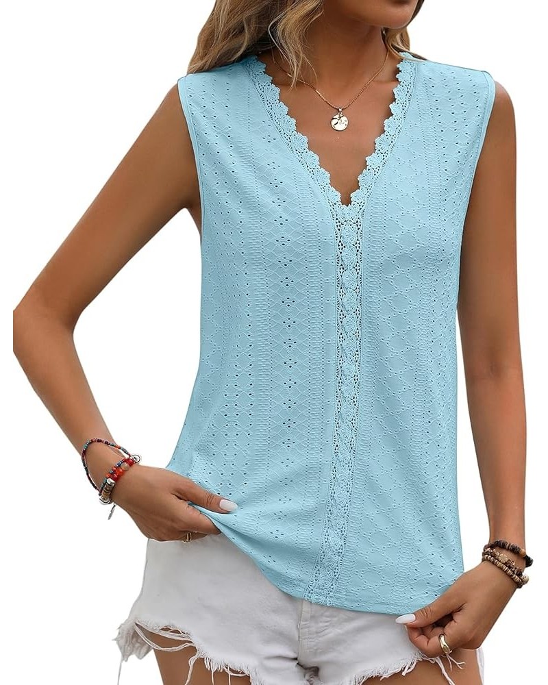 Women's Tank Tops Sleeveless Lace V Neck Summer Flowy Casual Trendy Eyelet Cami Shirts Light Blue $10.07 Tanks