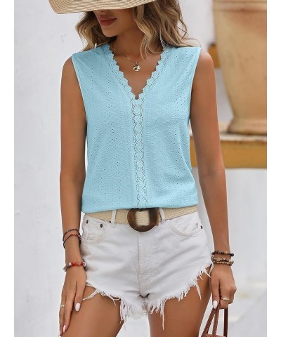 Women's Tank Tops Sleeveless Lace V Neck Summer Flowy Casual Trendy Eyelet Cami Shirts Light Blue $10.07 Tanks