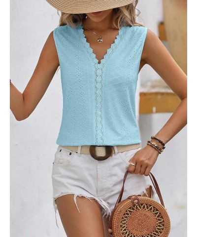 Women's Tank Tops Sleeveless Lace V Neck Summer Flowy Casual Trendy Eyelet Cami Shirts Light Blue $10.07 Tanks