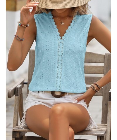 Women's Tank Tops Sleeveless Lace V Neck Summer Flowy Casual Trendy Eyelet Cami Shirts Light Blue $10.07 Tanks