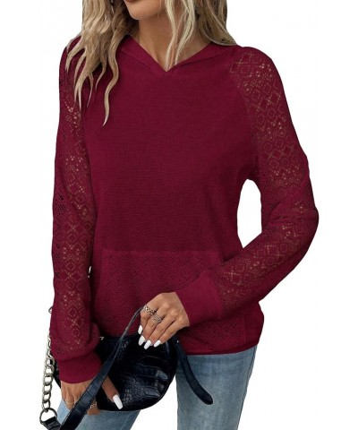 Women's Contrast Lace Long Raglan Sleeve Stretch Kangaroo Pockets Hoodie Sweatshirts Burgundy $20.05 Hoodies & Sweatshirts