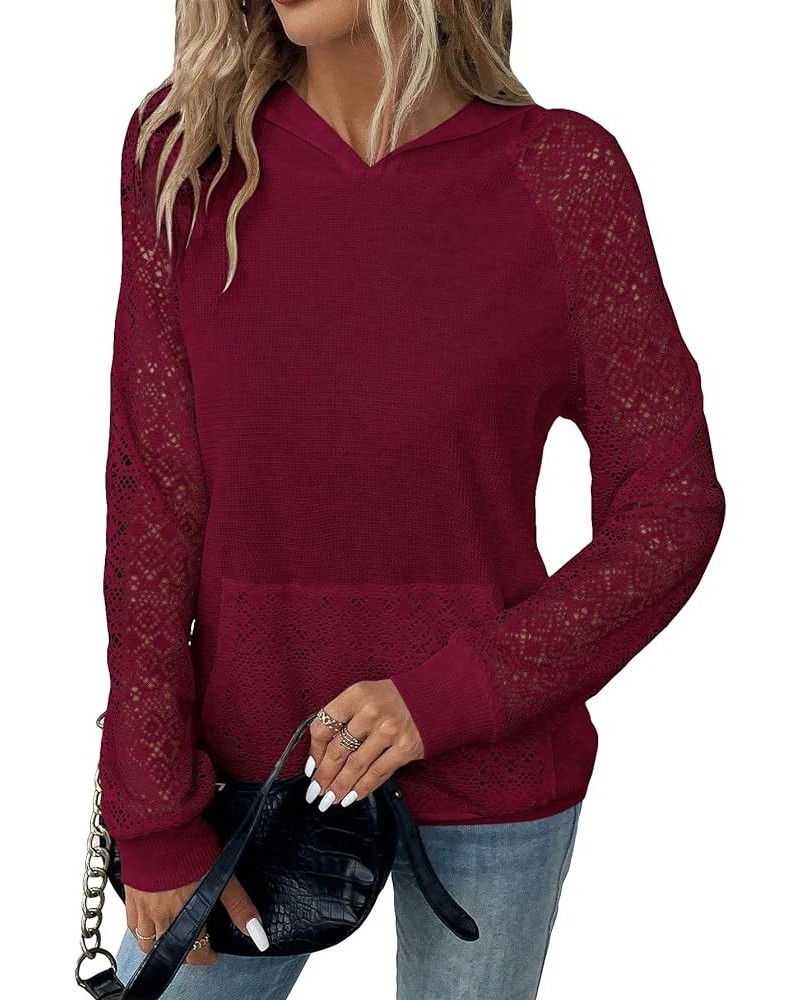 Women's Contrast Lace Long Raglan Sleeve Stretch Kangaroo Pockets Hoodie Sweatshirts Burgundy $20.05 Hoodies & Sweatshirts