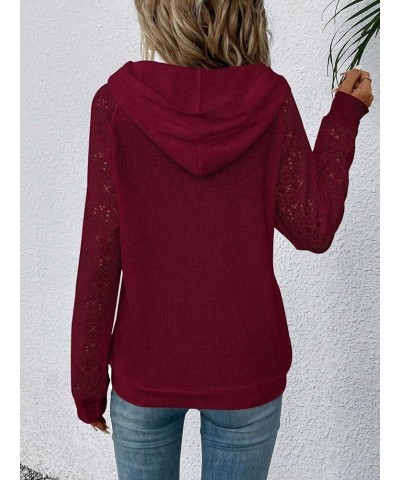 Women's Contrast Lace Long Raglan Sleeve Stretch Kangaroo Pockets Hoodie Sweatshirts Burgundy $20.05 Hoodies & Sweatshirts