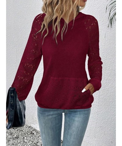 Women's Contrast Lace Long Raglan Sleeve Stretch Kangaroo Pockets Hoodie Sweatshirts Burgundy $20.05 Hoodies & Sweatshirts