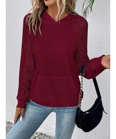 Women's Contrast Lace Long Raglan Sleeve Stretch Kangaroo Pockets Hoodie Sweatshirts Burgundy $20.05 Hoodies & Sweatshirts