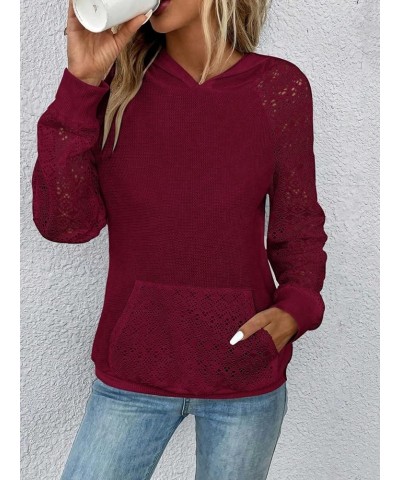 Women's Contrast Lace Long Raglan Sleeve Stretch Kangaroo Pockets Hoodie Sweatshirts Burgundy $20.05 Hoodies & Sweatshirts