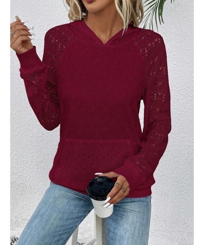 Women's Contrast Lace Long Raglan Sleeve Stretch Kangaroo Pockets Hoodie Sweatshirts Burgundy $20.05 Hoodies & Sweatshirts