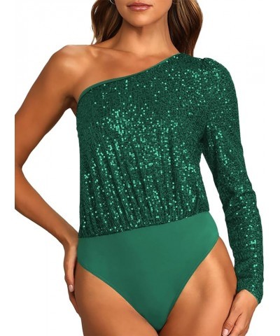 Sequin Top One Shoulder Tops Long Sleeve Sequin Bodysuit for Women Sparkly Tops Bodysuit Sexy Glitter Tank Top Green $20.24 B...