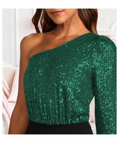 Sequin Top One Shoulder Tops Long Sleeve Sequin Bodysuit for Women Sparkly Tops Bodysuit Sexy Glitter Tank Top Green $20.24 B...