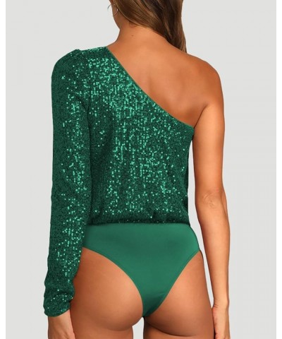 Sequin Top One Shoulder Tops Long Sleeve Sequin Bodysuit for Women Sparkly Tops Bodysuit Sexy Glitter Tank Top Green $20.24 B...