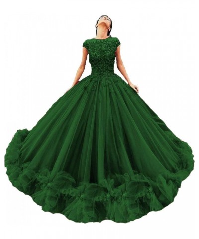 Women's Tulle Beaded Quinceanera Dresses Lace Appliques Cap Sleeves Ball Gowns Emerald Green $62.64 Dresses