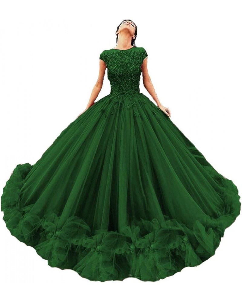 Women's Tulle Beaded Quinceanera Dresses Lace Appliques Cap Sleeves Ball Gowns Emerald Green $62.64 Dresses