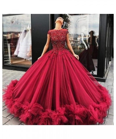 Women's Tulle Beaded Quinceanera Dresses Lace Appliques Cap Sleeves Ball Gowns Emerald Green $62.64 Dresses