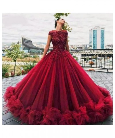 Women's Tulle Beaded Quinceanera Dresses Lace Appliques Cap Sleeves Ball Gowns Emerald Green $62.64 Dresses