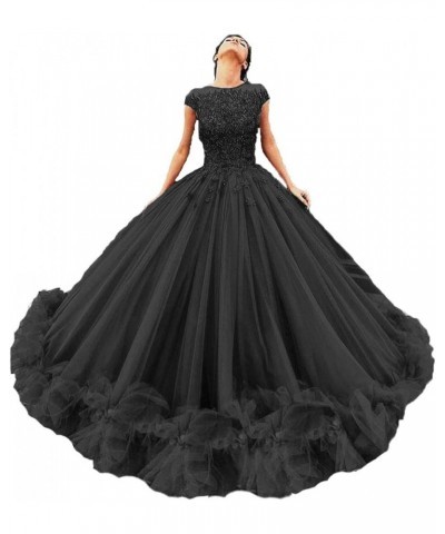 Women's Tulle Beaded Quinceanera Dresses Lace Appliques Cap Sleeves Ball Gowns Emerald Green $62.64 Dresses