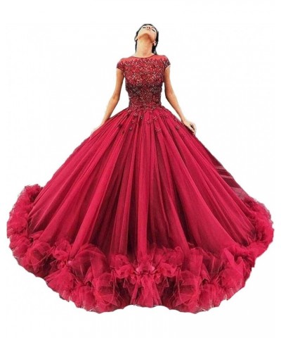 Women's Tulle Beaded Quinceanera Dresses Lace Appliques Cap Sleeves Ball Gowns Emerald Green $62.64 Dresses