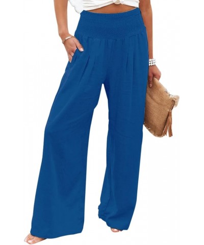 Women's Linen Pocketed Smocked High Waist Wide Leg Pajama Lounge Palazzo Pants A14 Blue $12.88 Sleep & Lounge