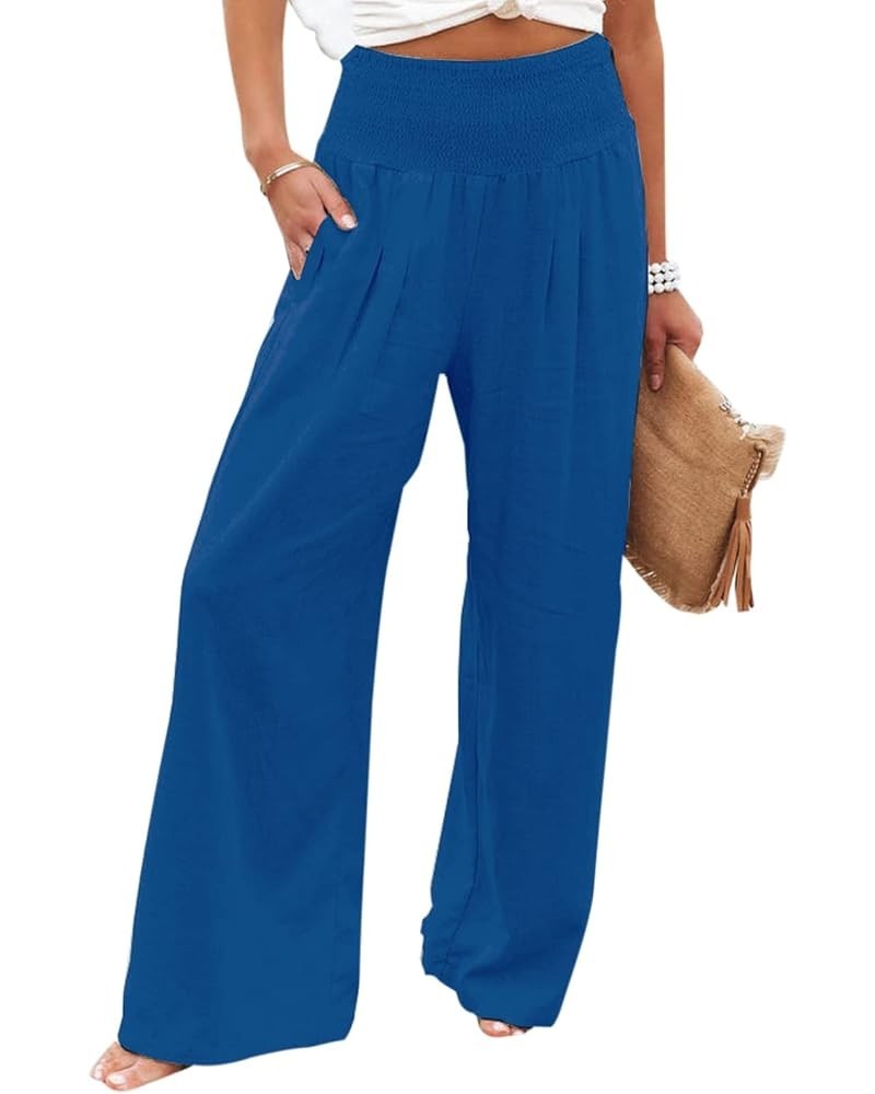 Women's Linen Pocketed Smocked High Waist Wide Leg Pajama Lounge Palazzo Pants A14 Blue $12.88 Sleep & Lounge