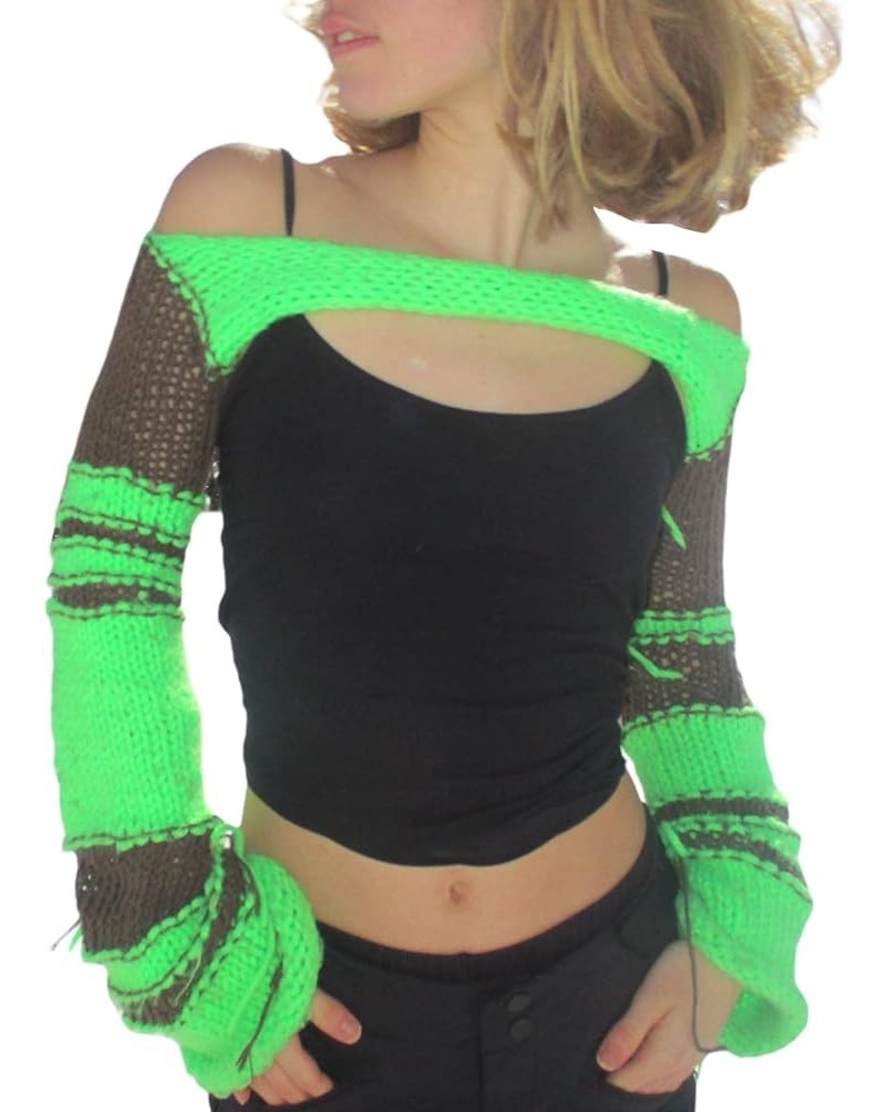 Women's Crochet Knit Crop Top Long Sleeve Hollow Out Color Block Pullover Tops Loose Casual Sweater Tops Streetwear E-green $...