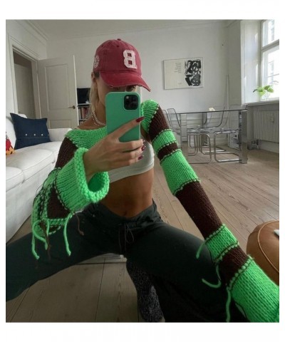 Women's Crochet Knit Crop Top Long Sleeve Hollow Out Color Block Pullover Tops Loose Casual Sweater Tops Streetwear E-green $...