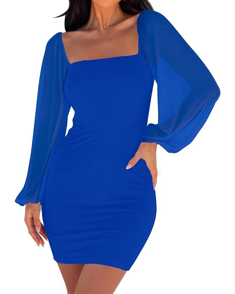 Women's 2024 Summer Puff Long Sleeve Square Neck Ruched Bodycon Cocktail Party Club Short Mini Dress Royalblue $18.70 Dresses