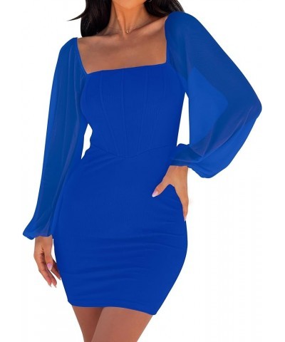 Women's 2024 Summer Puff Long Sleeve Square Neck Ruched Bodycon Cocktail Party Club Short Mini Dress Royalblue $18.70 Dresses