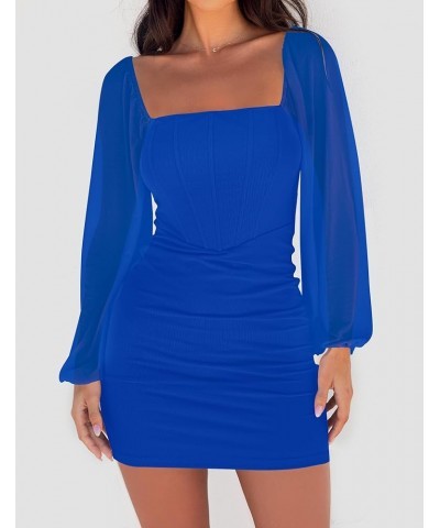 Women's 2024 Summer Puff Long Sleeve Square Neck Ruched Bodycon Cocktail Party Club Short Mini Dress Royalblue $18.70 Dresses