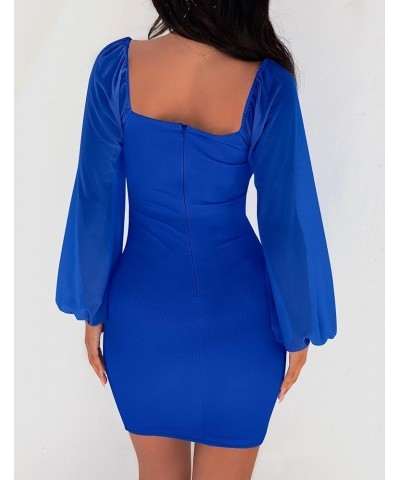 Women's 2024 Summer Puff Long Sleeve Square Neck Ruched Bodycon Cocktail Party Club Short Mini Dress Royalblue $18.70 Dresses