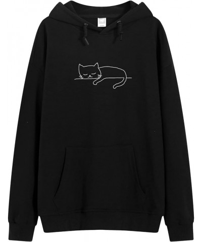 Y2K Cute Cat Sweatshirt for Girls Oversized Pullover Trendy Simple Line Art Graphic Hoodie for Women Comfy Sweaters Black $11...