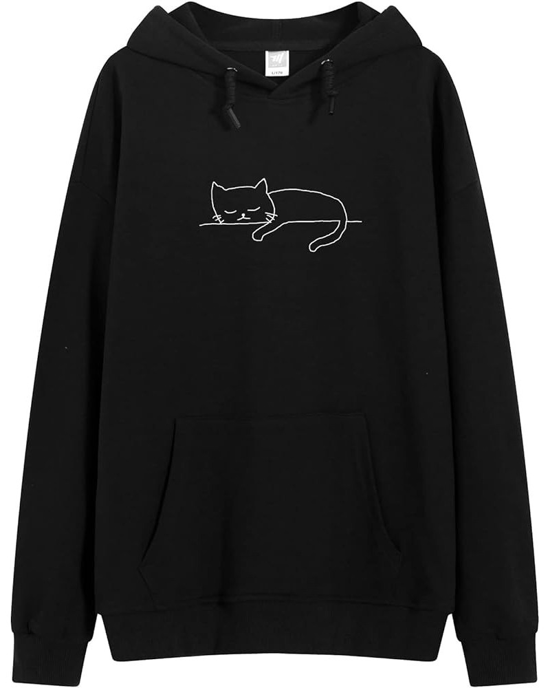 Y2K Cute Cat Sweatshirt for Girls Oversized Pullover Trendy Simple Line Art Graphic Hoodie for Women Comfy Sweaters Black $11...