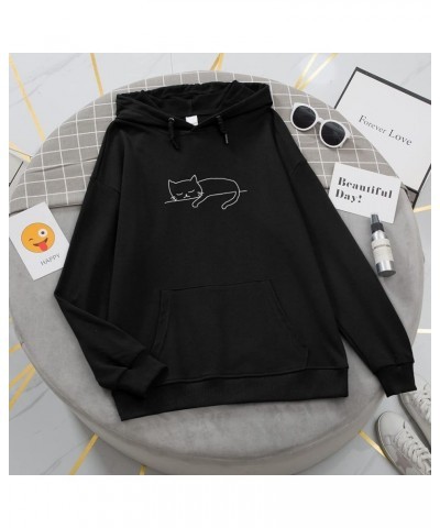 Y2K Cute Cat Sweatshirt for Girls Oversized Pullover Trendy Simple Line Art Graphic Hoodie for Women Comfy Sweaters Black $11...