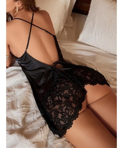 Women's Criss Cross Lace Trim Satin Slip Chemise Nightgowns Cami Nightdress Sleepwear Solid Black $16.23 Lingerie