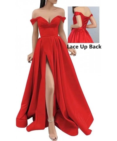 Off The Shoulder Long Slit Prom Dresses with Pockets V Neck Empire Waist Satin Party Evening Gown for Women Formal Silver $30...