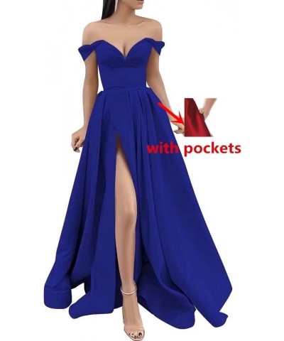 Off The Shoulder Long Slit Prom Dresses with Pockets V Neck Empire Waist Satin Party Evening Gown for Women Formal Silver $30...