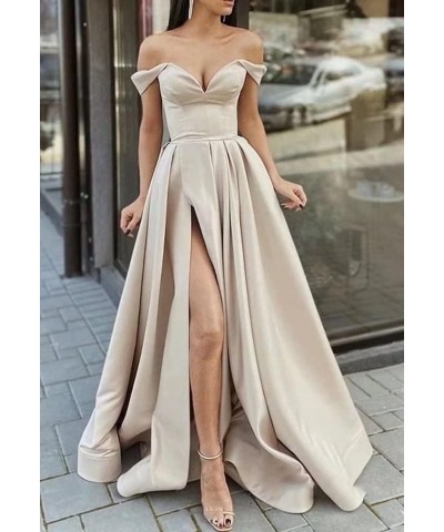 Off The Shoulder Long Slit Prom Dresses with Pockets V Neck Empire Waist Satin Party Evening Gown for Women Formal Silver $30...