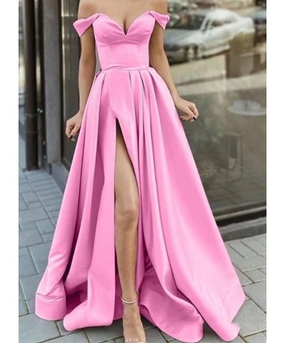 Off The Shoulder Long Slit Prom Dresses with Pockets V Neck Empire Waist Satin Party Evening Gown for Women Formal Silver $30...