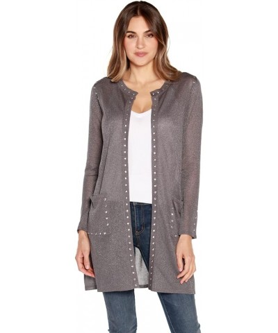 Womens Long Sleeve Cardigan with Front Pockets and Rhinestud Trim Grey/Silver $24.47 Sweaters