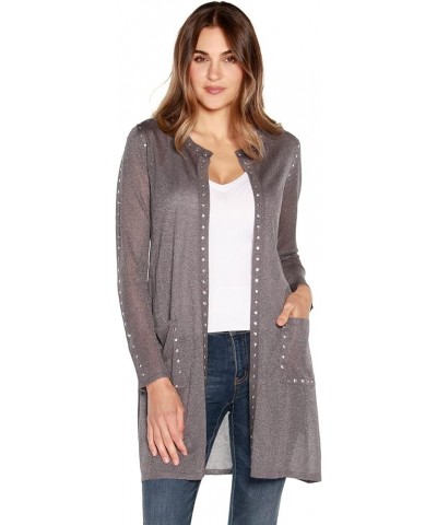 Womens Long Sleeve Cardigan with Front Pockets and Rhinestud Trim Grey/Silver $24.47 Sweaters