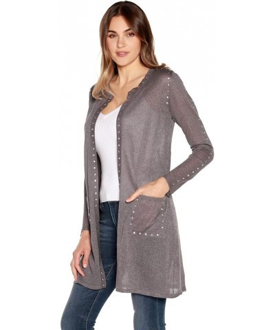 Womens Long Sleeve Cardigan with Front Pockets and Rhinestud Trim Grey/Silver $24.47 Sweaters