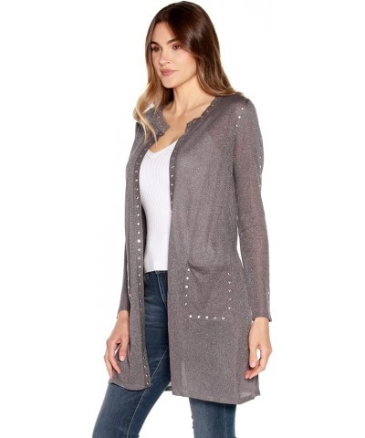 Womens Long Sleeve Cardigan with Front Pockets and Rhinestud Trim Grey/Silver $24.47 Sweaters