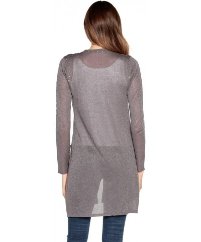 Womens Long Sleeve Cardigan with Front Pockets and Rhinestud Trim Grey/Silver $24.47 Sweaters