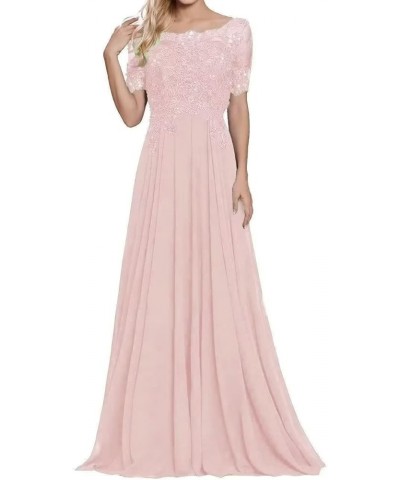 Women's Lace Appliques Mother of The Bride Dresses Short Sleeves Long Chiffon A-line Formal Evening Gowns Blush $40.75 Dresses