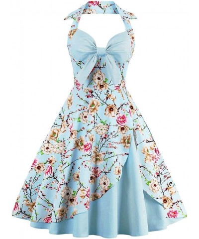 Women's Vintage 1950s Retro Rockabilly Cocktail Evening Party Swing Dress Halter Floral Bowknot Audrey Hupburn Dresses Blue $...