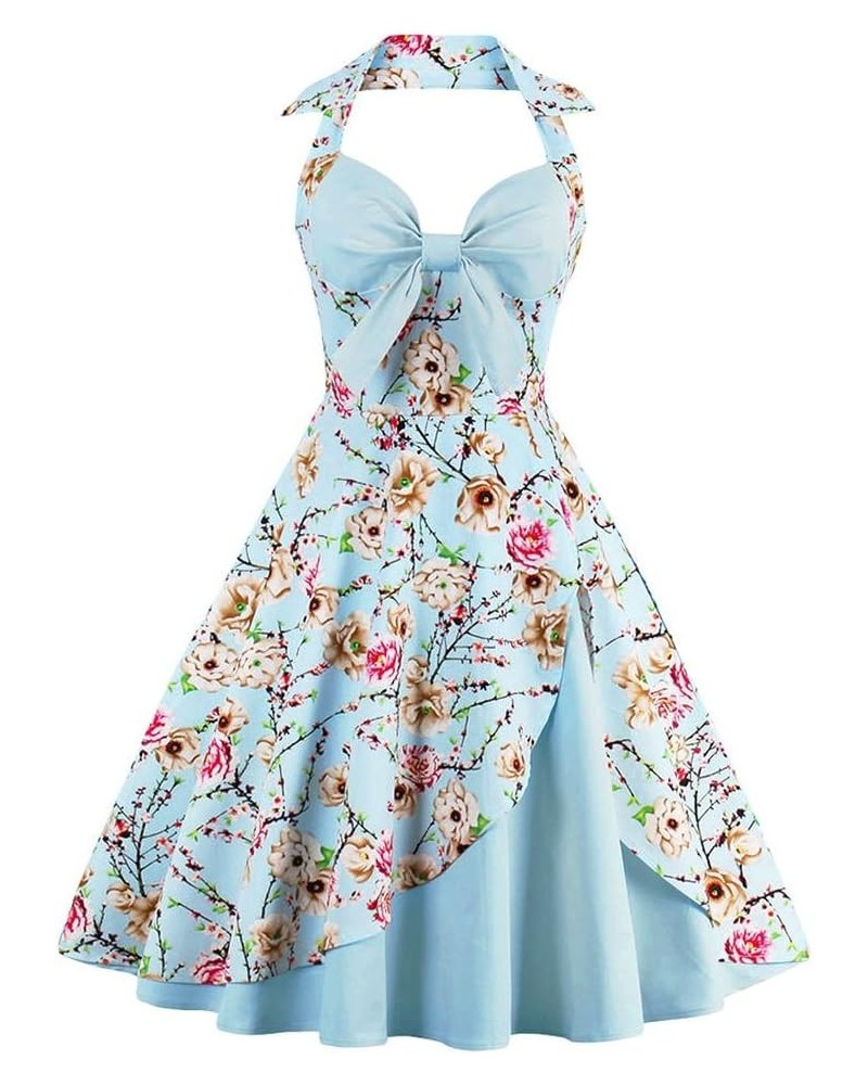 Women's Vintage 1950s Retro Rockabilly Cocktail Evening Party Swing Dress Halter Floral Bowknot Audrey Hupburn Dresses Blue $...