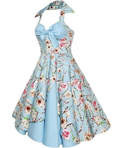 Women's Vintage 1950s Retro Rockabilly Cocktail Evening Party Swing Dress Halter Floral Bowknot Audrey Hupburn Dresses Blue $...