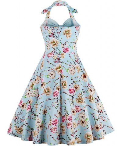 Women's Vintage 1950s Retro Rockabilly Cocktail Evening Party Swing Dress Halter Floral Bowknot Audrey Hupburn Dresses Blue $...