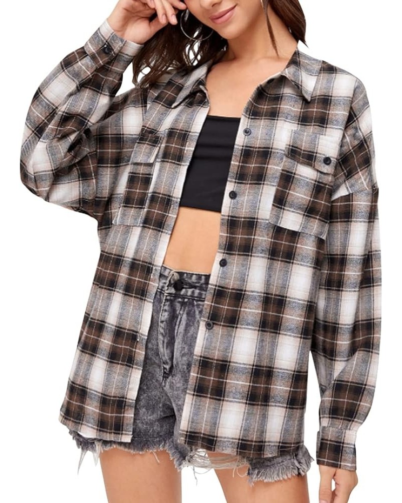 Womens Flannel Plaid Shirts Oversized Boyfriend Button Down Shirts Buffalo Plaid Shirt Blouse Casual Work Tops Brown $10.54 B...