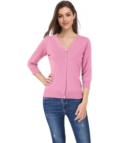 Women's 3/4 Sleeve Button Down Sweater Cardigan V-neck Light Pink $16.81 Sweaters