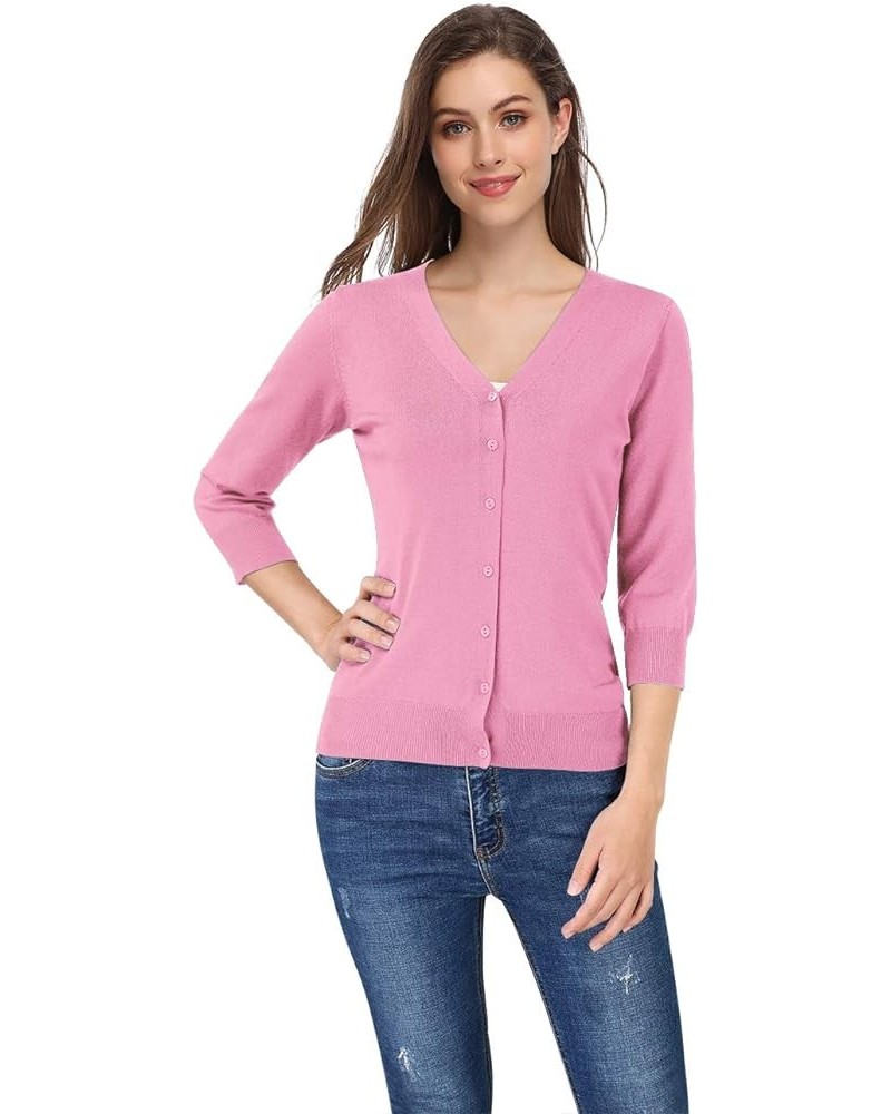 Women's 3/4 Sleeve Button Down Sweater Cardigan V-neck Light Pink $16.81 Sweaters