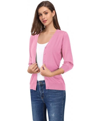 Women's 3/4 Sleeve Button Down Sweater Cardigan V-neck Light Pink $16.81 Sweaters